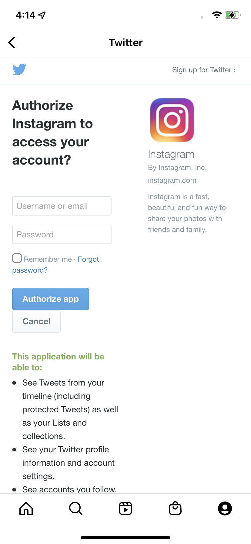 Twitter authorization page